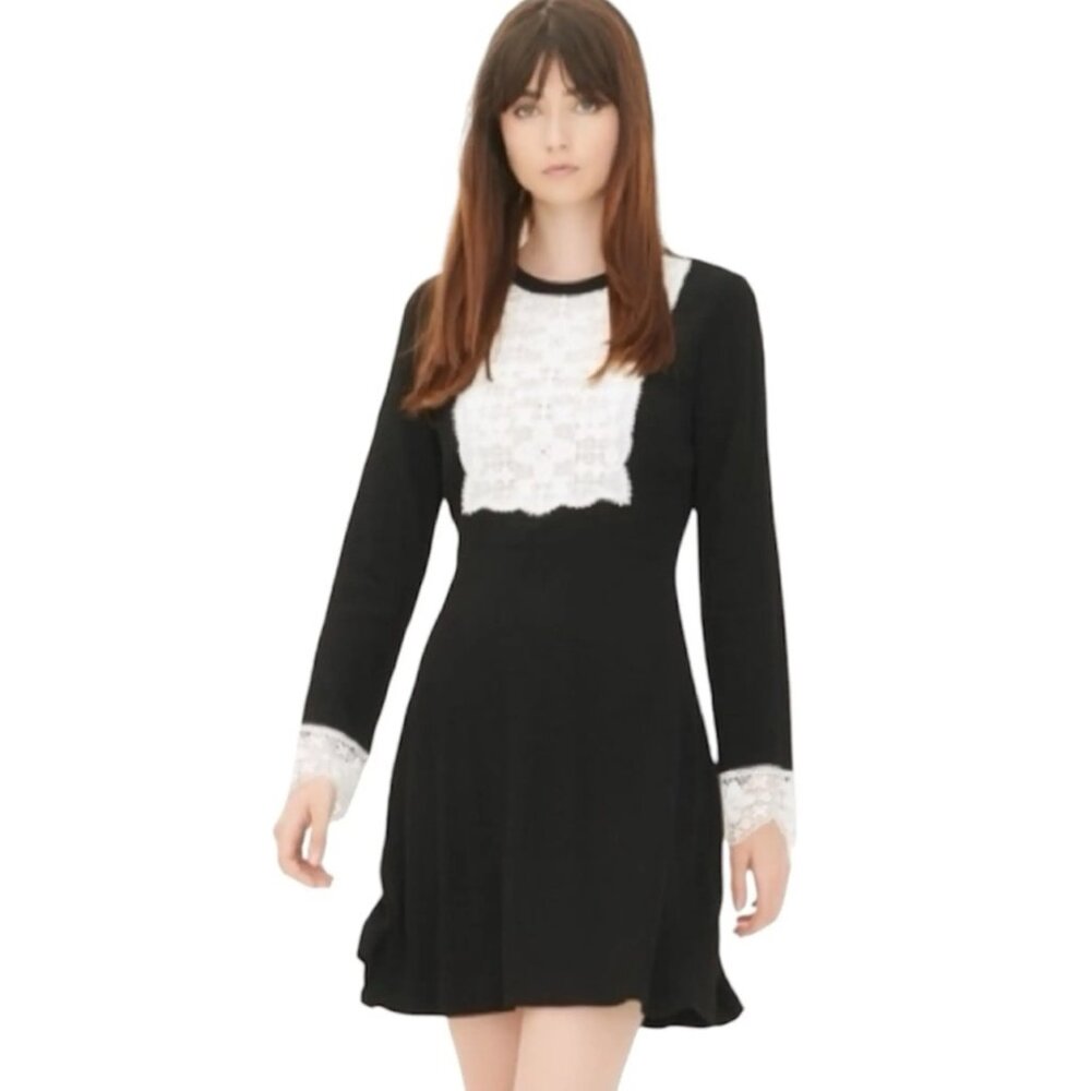 Sandro Paris Siera Crochet Lace Bib Panel Long Sleeve A-Line Mini Dress Size 2